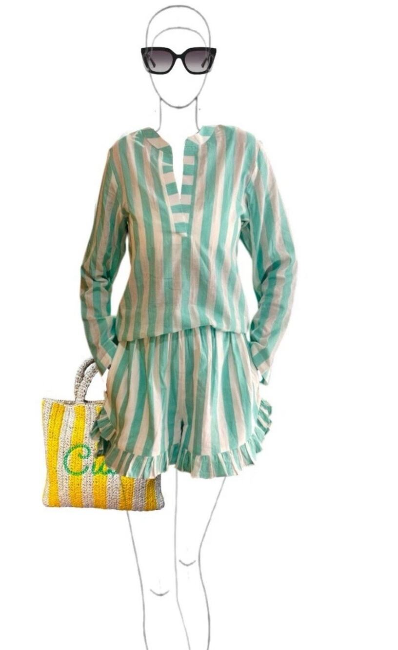 NWT Malabar Collective Green White Striped Ruffle Mini Lounge Shorts M